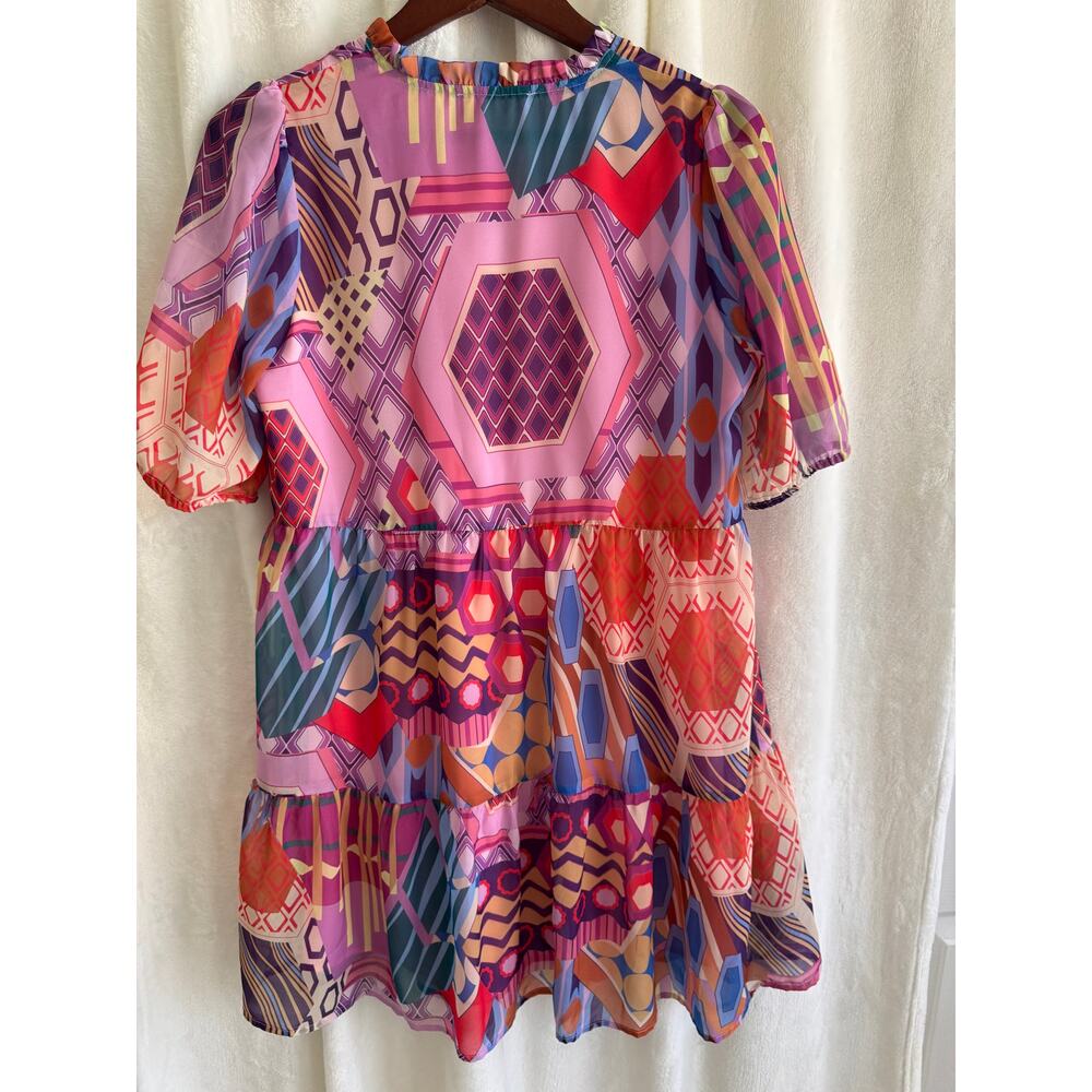 THML Anthropologie Abstract Short Sleeve Dress Small Tiered Skirt - Picture 2 of 9